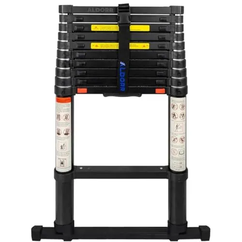 ALDORR Professional 3,20M Teleskopleiter aus Hochwertigem Aluminium - mit Teleskopische Stabilisierungsstange - Belastbarkeit Bis zu 150kg - Soft-Close-System - Sicher und Zuverlässig (EN131)