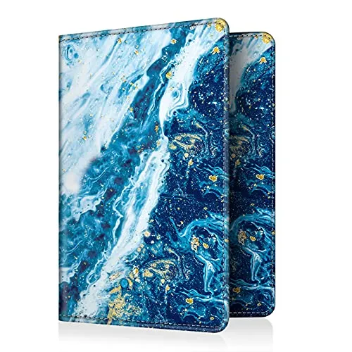 FINTIE Reisepass Impfpass Schutzhülle - Premium Kunstleder Reisepasshülle Travel Organizer mit RFID-Blockier für Kreditkarten, Ausweis, Reisedokumente Damen Herren, Meeresblau