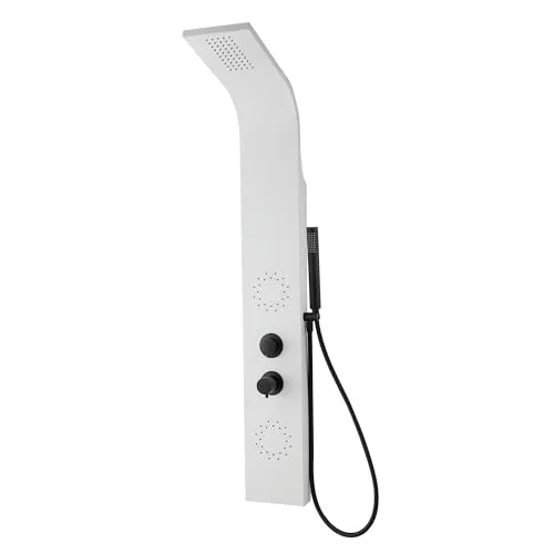 Duschpaneel Weiß Matt mit schwarzen Armaturen – XXL Regendusche, 2 Bodyjets, Messing-Handbrause, Sedal Mischbatterie, Komplettset