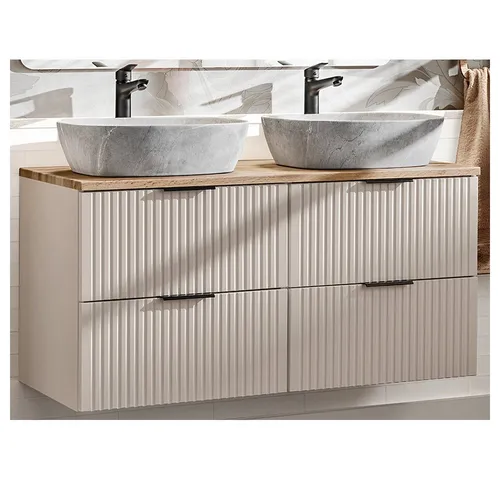 Lomadox Doppelwaschtisch ADELAIDE-56-CASHMERE, 120cm - Eleganter Waschtisch in Kaschmir und Eiche mit gerillter Front, inklusive 2 Keramik-Waschbecken und Softclose-Auszügen für zusätzlichen Komfort im Bad.