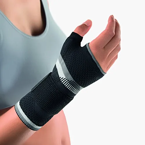 Bort 112940 ManuBasic Plus Handgelenkbandage - Komprimierende Handgelenkbandage für rechts oder links, bietet zusätzliche Stabilisierung für Daumen und Handgelenk, ideal für hohen Tragekomfort.