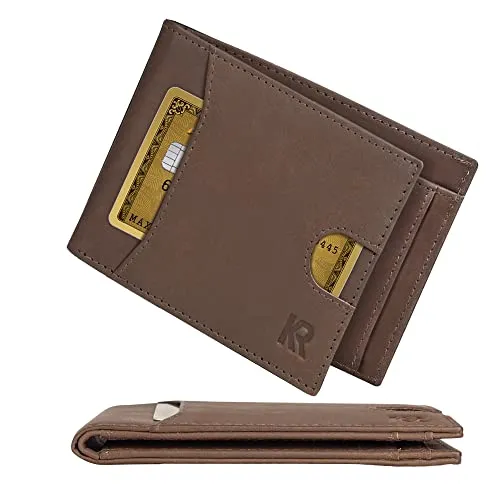 KRONIFY Leder Geldbörse Herren Echtleder Geldbeute, Slim Wallet mit Münzfach RFID, Portemonnaie fur Karten & Munzen, 9 Kartenfächer für Männer Brieftasche Wallet Portmonee (Kein Clip, Braun)