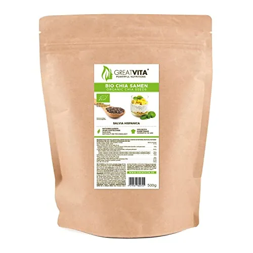 GreatVita Bio Chia Samen 500g – Naturbelassen, reich an Omega-3 & Ballaststoffen | Ideal für Smoothies, Joghurt, Salate, Backen, Chia-Pudding & Brei