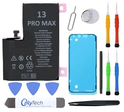 OnlyTech Premium-Ersatzakku für iPhone 13 Pro Max – 4352 mAh, identisch mit dem Original, Set mit 12 professionellen Werkzeugen und Displayschutz inklusive