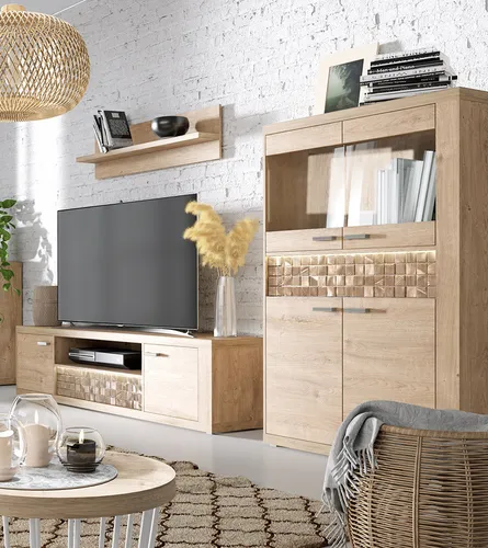 Lomadox Wohnzimmer-Set NUSCO-161, 3-teiliges Mega-Spar-Set - Stylisches Wohnzimmer-Set in Eiche Nb., bestehend aus TV-Lowboard, Wandboard und Highboard. Ideal für moderne Räume, bietet viel Stauraum und eine elegante Optik.