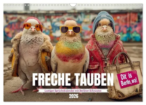 Freche Tauben - Lustiger Sprüchekalender 2025 - Kalender mit 14 humorvollen Sprüchen aus Berlin, perfekt für alle, die einen witzigen Blick auf das Leben lieben.