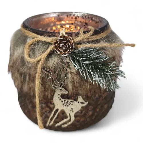 XL Teelichthalter mit Fell und Hirsch Glas braun verspiegelt Windlicht Advent
