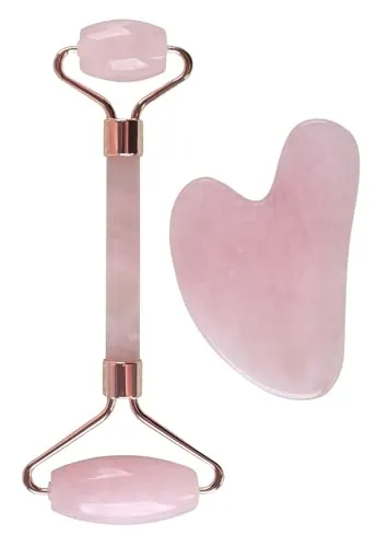 Rosenquarz-Massage-Set - Hergestellt aus 100% echtem Rosenquarz - Gesicht auf natürliche Weise zu glätten und zu festigen - Gesichtsroller & Gua-Sha-Stein