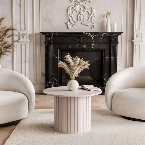 Couchtisch LINNEA Rund Ø 70 cm – Elegante Lamellen-Optik in Kaschmir - Hochwertiger runder Couchtisch Linnea (Ø 70 cm) in sanftem Kaschmir. Das elegante Lamellen-Design und die runde Form schaffen eine einladende Atmosphäre, ideal für moderne Wohnkonzepte.