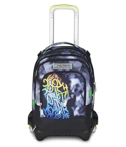 Seven Schultrolley Jack mit 3 Rädern, Schwarz Grün, Rucksack mit abnehmbarem Trolley von 37 Litern, Trinkflasche, abnehmbarer Rucksack, Grund- und Mittelschule, Kinder