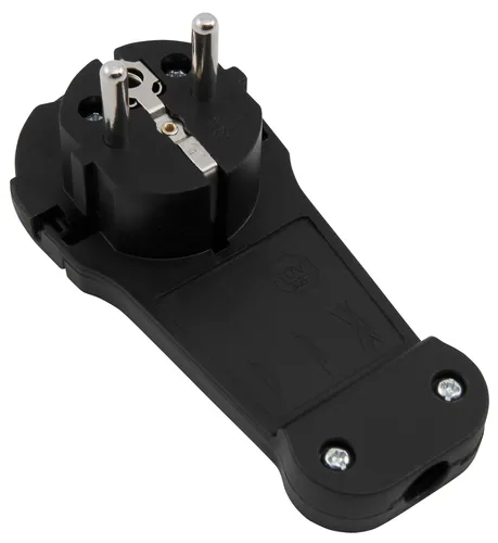 Schutzkontakt-Winkelstecker, extra flach, Handgriff, Zugentlastung, schwarz
