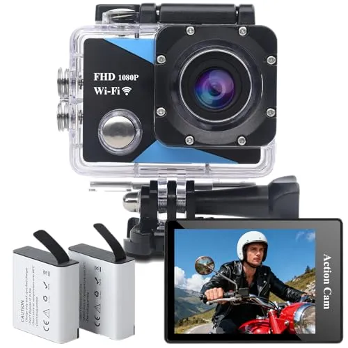 Nvgfelis WiFi Action Cam FHD, Unterwasserkamera wasserdicht bis 30M, Actionkamera mit 2×1050 mAh wiederaufladbare Akkus und Zubehör-Set