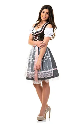 Dirndl Trachtenkleid Damen Sarah in Schwarz - 3-teilig - Elegantes Mini-Dirndl aus feiner Baumwolle mit bezaubernden Pünktchen und sexy Herz-Ausschnitt, ideal für besondere Anlässe und festliche Veranstaltungen.