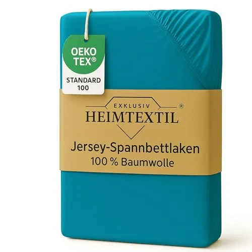 EXKLUSIV HEIMTEXTIL Marke Jersey Spannbettlaken 90-100 x 200 cm 100% Baumwolle Öko - Tex Zertifiziert, Markenqualität, Matratzenhöhe bis 25 cm, Türkis
