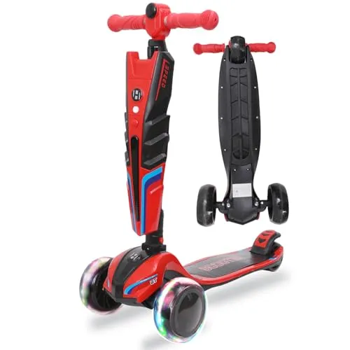 Kinderroller LED Leuchträder, 3 Rad Tretroller - Klappbar, Höhenverstellbar, Mädchen & Jungen, Scooter 3-12 Jahre, bis 50kg - Rot