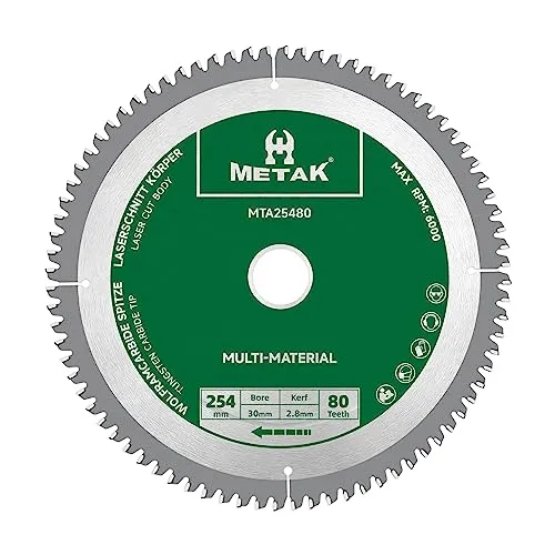 METAK HM Kreissägeblatt 254x30mm 80 Zähne für Aluminium Multi-Material Sägeblatt 254x30 Ideal für Holz, Laminat, MDF, Kunststoff, und Kupfer