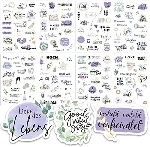 Sticker Hochzeit Gästebuch (164 Motive) - Vintage Hochzeit Aufkleber für Gästebuch oder Fotoalbum mit viel Liebe - Love Stickers für Scrapbook oder Bullet Journal - Wedding Deko mit Herz - Lavendel