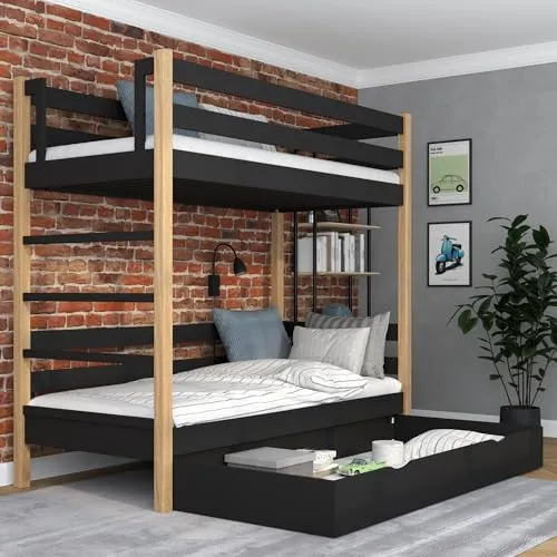 N-wood N03 Etagenbett mit Schublade, Kinderbett 90x200 cm, für 2 Kinder, 2 Leitermontageseiten: Links oder rechts, abgerundete Kanten, Massivholzkonstruktion, Hochwertige Materialien, Schwarzeiche