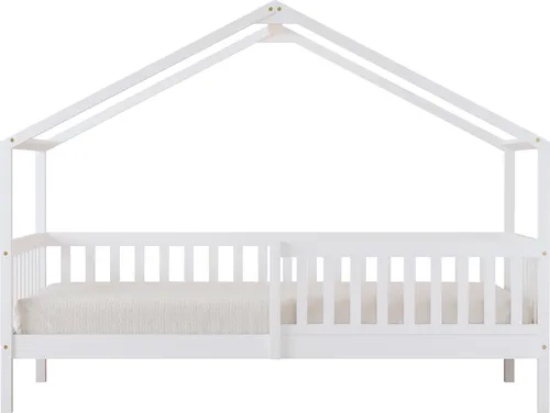 Sunny Kae Hausbett aus Holz in Weiß | Kinderbett in Haus Form mit Rausfallschutz | Einzelbett ohne Matratze in 207 x 96 x 156,5 cm | Für