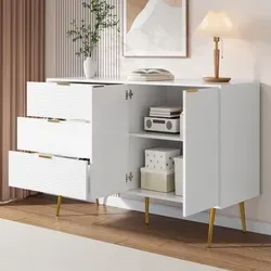 Sideboard Mdf Weiß-gold 120x38x80,5 Cm Mit 3 Schubladen, 2 Türen Und Innenregalen