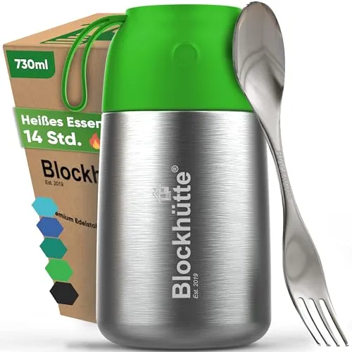 Blockhütte Edelstahl Warmhaltebehälter Essen To Go I 730 ml I Auslaufsichere Thermoskanne für Essen – Thermodosen zum Warmhalten mit Göffel – Wärmebehälter, Thermo Behälter Essen - Giftgrün