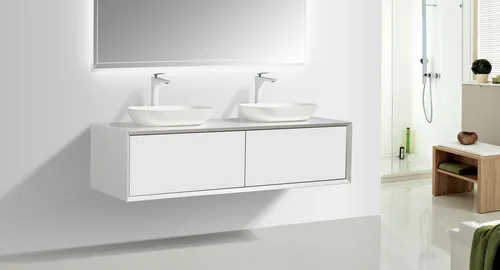 Alphabad Waschbeckenunterschrank RONADA-180 mit 2 Waschtischen - Moderner Unterschrank aus Mineralguss in matt weiß, inkl. 2 SLIM-Waschtischen. Griffloses Design mit hochwertigen Push-to-Open Scharnieren. Leichte Montage, ideal für stilvolle Badezimmer.