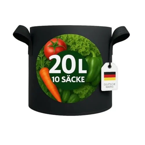 König Design 20x 10L Pflanzsack aus Vlies Stoff - 20er Set für gesundes Pflanzenwachstum - Pflanzenwachstumstaschen, 20 Stück, 10L, luft- und wasserdurchlässig für optimales Wurzelwachstum. Ideal für Balkon, Terrasse und Garten.