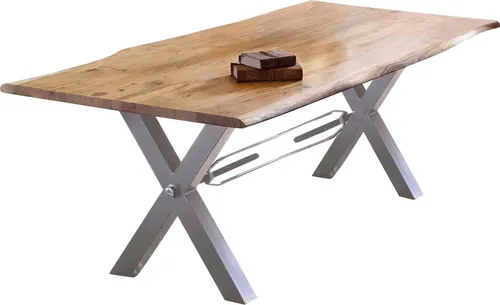 Esstisch SIT, beige - 200x100 cm, Baumkante aus Akazie - Eleganter Esstisch mit Baumkante, gefertigt aus hochwertiger Akazie und einem stabilen Metallgestell in Antiksilber. Ideal für stilvolle Essbereiche.