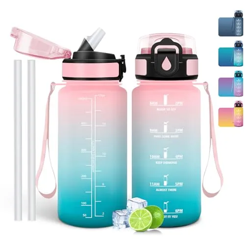 Mulbijeo Trinkflasche 500 ml, Auslaufsicher, Wasserflasche BPA-Frei, Motivierende mit Zeitmarkierung, Trinkflasche mit Strohhalm Rosa & Grün