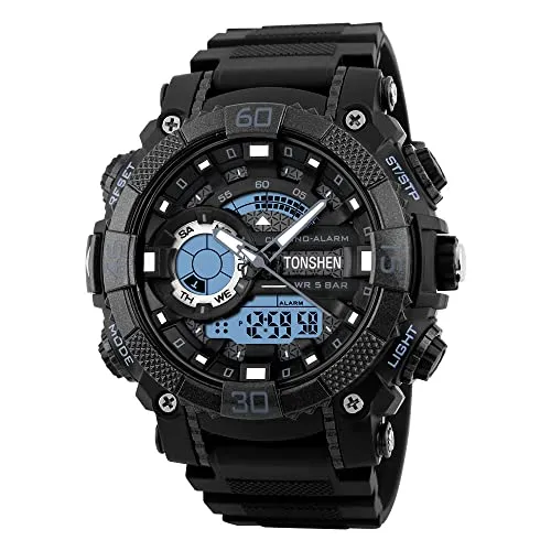 TONSHEN Herren Analog Quarz Uhr Wasserdicht LED Digitaluhr Militär Tactical Outdoor Sportuhr Doppel Zeit Modische Plastik Lünette mit Silikon Band Armbanduhr EL Licht Uhr für Männer Jugen (Schwarz)