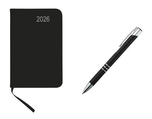 Taschenkalender 2026 mit Metall Kugelschreiber - Kalender 2026 im handlichen A7 Format mit PU-Einband, 128 Seiten und 2 Seiten pro Woche. Inklusive blau schreibendem Metall Kugelschreiber für stilvolles Notieren.