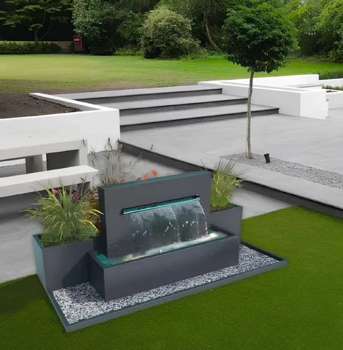 Wasserfall Dekobrunnen für Garten – Moderner Edelstahl Wasserfall - Eleganter freistehender Wasserfall aus Edelstahl, ideal für Brunnen und Wasserspiele. Mit einer Höhe von 85 cm und einer Breite von 90 cm bringt er eine stilvolle Note in Ihren Garten.