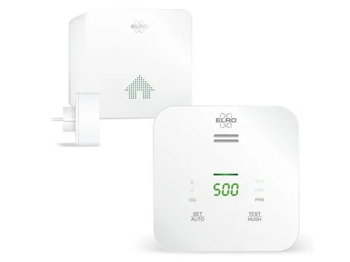 ELRO Connects SF500CO2 Smart WiFi CO2 Meter Kit - CO2 Melder mit koppelbarem Luftqualitätsmessgerät und K2 Connector. Steuern Sie Ihr System via ELRO Connects App und erhalten Sie Alarmbenachrichtigungen direkt auf Ihr Smartphone.