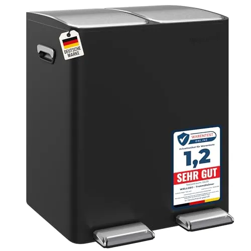WELLGRO Treteimer 2x15L Schwarz – Edelstahl mit Softclose & Pedal - Praktischer WELLGRO Tretmülleimer mit 2 x 15 Litern für effiziente Mülltrennung. Robustes Edelstahl-Design, hygienische Bedienung per Fußpedal und geruchsarm – ideal für moderne Küchen und Haushalte.
