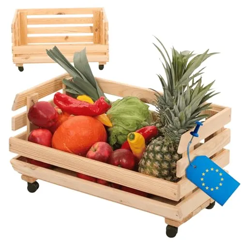 MODO24 Modular Holzregal für Gemüse & Obst auf Rollen, Stapelbares Regalsystem aus Kiefernholz, 1 Holzkiste, Kartoffelsteige, Küchenregal, Vorratsregal, Gemüseregal, Abm. 30x57x30 cm, Fargbe: Natur