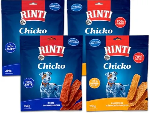 RINTI Chicko Vorratspack 4 x 250g | 2X Huhn & 2X Ente | Echtfleisch-Snack für Hunde | Ohne Soja & Fleischmehl | Luftgetrocknet & fettarm | Gut verdaulich | Belohnung & Training