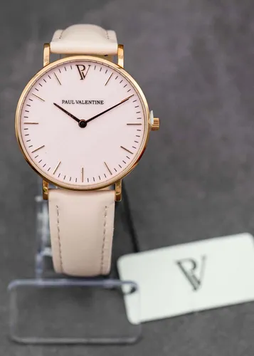 Paul Valentine Damenuhr PV36613 Rosa - Elegante Armbanduhr für Damen in zartem Rosa mit kratzfestem Mineralglas und wasserdicht bis 50 m. Ideal für jeden Anlass, von klassisch bis sportlich.