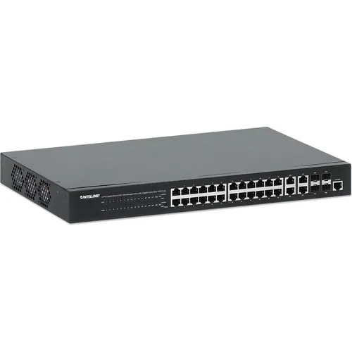 Intellinet 24-Port Gigabit Ethernet PoE+ Switch - Netzwerk Switch mit 24 Ports, bietet Power over Ethernet für flexible Installation und 4 Gigabit Kombi-Ports für erweiterte Konnektivität.