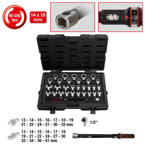 KS Tools Drehmoment Werkzeug-Satz 31-tlg. für präzises Schrauben - Drehmomentschlüssel Set 40-200 Nm für präzise Einstellungen, inklusive Gabel- und Ringschlüsselsatz, alles ordentlich im stabilen Koffer verstaut.