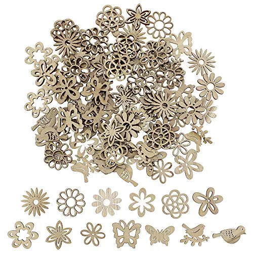 NewZC 100 Stück Holzscheiben Blumen Naturholzscheiben Streudeko Tischdeko für Weihnachtsbaum Anhänger Hochzeit Basteln DIY Dekoration