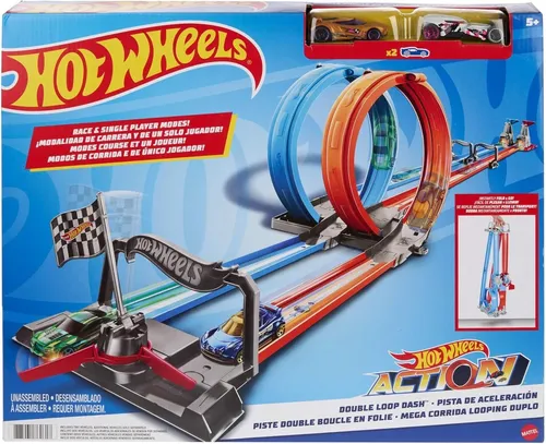 HOT WHEELS Zweispurige Looping Rennstrecke mit 2 Fahrzeugen - Motorfahrzeugspielset für Kinder, 3,6 Meter lange Rennstrecke mit klassischem Doppel-Looping für spannende Wettkämpfe und endlose Verbindungsmöglichkeiten mit anderen Sets.