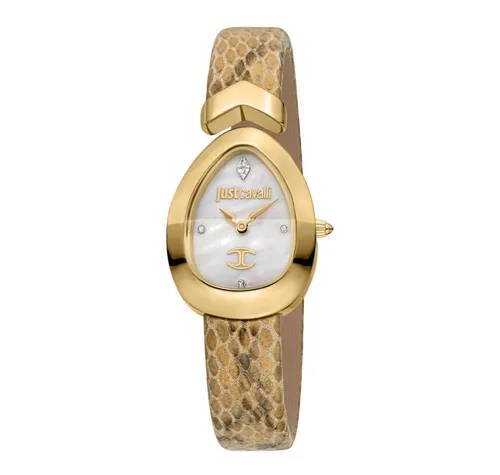 Just Cavalli Damen Analog Quarz Uhr JC1L321L0025 - Elegante Armbanduhr mit luxuriösem Schlangendesign, hochwertigem japanischem Uhrwerk und cremeweißem Lederarmband, perfekt für modebewusste Damen.