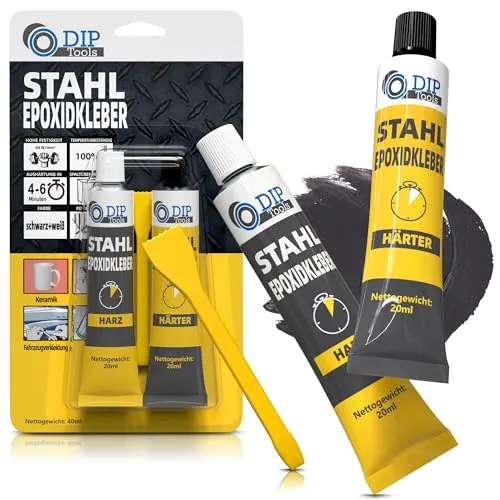 DIP-Tools Stahl Epoxid-Kleber 40ml, extrem stark, auch für Holz Beton Glas Keramik Auto, Stahl Metall Kleber Stahlkleber Metallkleber, Klebstoff Reparaturkleber hochfest kleben (schwarz/weiß)