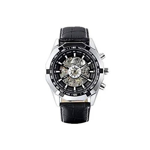 JewelryWe Herren Armbanduhr, Analog Quarz, Fashion Business Casual Mechanische Automatische Uhr mit Leder Armband, Schwarz Bezel Skelett Zifferblatt