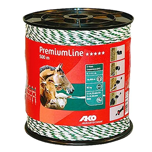 Kerbl 500 m Premium Weidezaunlitze grün-weiß - Hochwertige Elektrozaunlitze mit 95 kg Bruchlast. Dank dicker PE-Fäden und Kupferleitern bietet sie hohe Reißfestigkeit und exzellente Leitfähigkeit für zuverlässige Zaunanlagen.