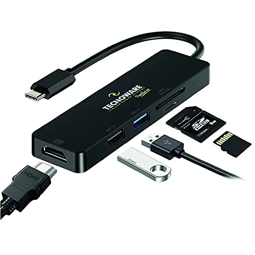 Tecnoware Power Systems Hub USB Type-C, Adapter 5 in 1, kompatibel mit Notebook und den meisten Tablets und Smartphones; 5 Ports: USB 2.0 und 3.0, HDMI 4K, Card Slot SDXC, Mikro-SD, Adapter in 5