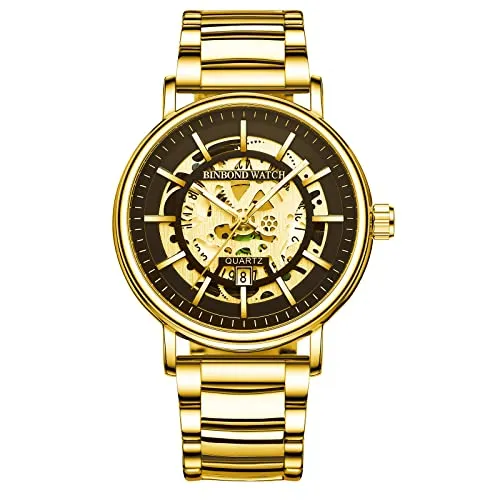 JewelryWe Herrenuhr Analog Quarz Datum Kalender Armbanduhr Herren Klassische 30m wasserdichte Geschäft Beiläufige Skelett Uhr mit Edelstahl Armband und Werkzeug für Männer Junge
