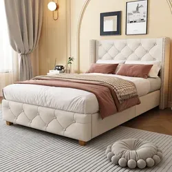 Flieks Polsterbett 90x200cm – Klassisches Jugendbett mit Lattenrost - Bequemes Einzelbett aus massivem Holz mit elegantem Leinenbezug in Beige. Ideal für Kinder und Jugendliche, bietet Stabilität und einen stilvollen Look. Maximale Belastbarkeit 150 kg!