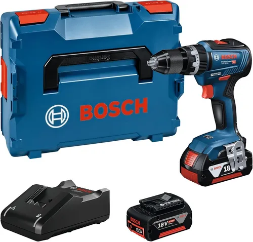 Bosch Professional 18V System Akku Schlagbohrschrauber GSB 18V-55 - Akkuschrauber mit 55 Nm max. Drehmoment, bürstenlosem Motor und 2x 4.0Ah Akkus für herausragende Leistung und lange Lebensdauer, ideal für professionelle Anwendungen.