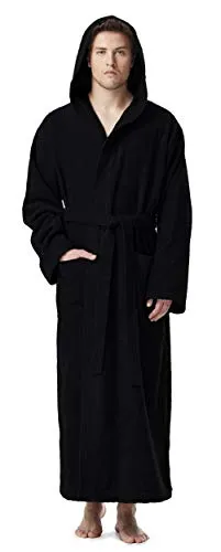 Herren Bademantel mit Kapuze - Schwarz, Größe S-M - Bademäntel für Herren, aus 100% schadstofffreier Baumwolle, atmungsaktiv und leicht, ideal für Sauna und Wellness mit komfortablem Schnitt und praktischen Taschen.